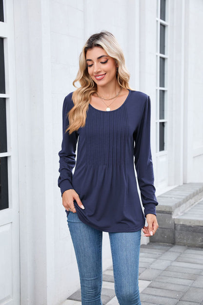 Women's Long Sleeve Pleated Tunic Top Loose Casual Blouse