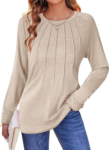Women's Pleated Crew Neck Long Sleeve Casual Top