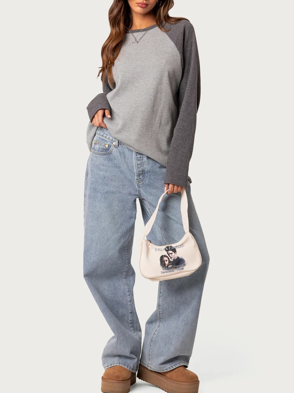 Color Block Waffle Knit Top Crew Neck Long Sleeve Tee