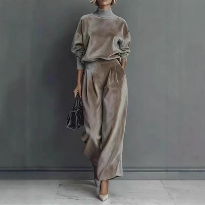 Women Elegant Mock Neck Wide Leg Pants Matching Set