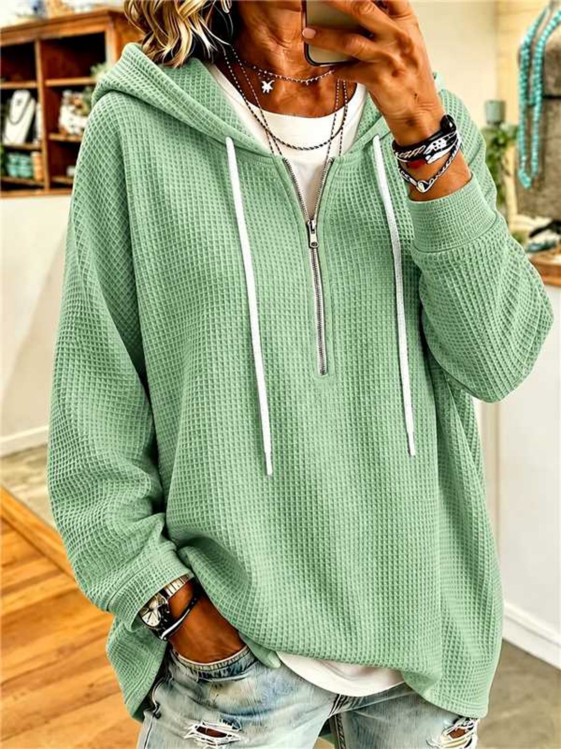 Women's Waffle Knit Half Zip Hoodie Oversized Batwing Tunic