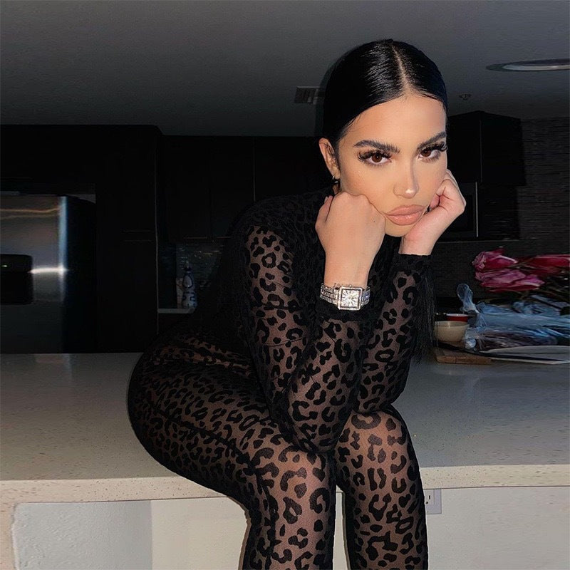 Sexy Sheer Flocked Leopard Mesh Long Sleeve Jumpsuit