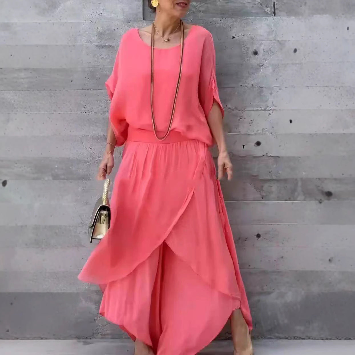 Womens Chiffon Two Piece Set Wide Leg Pants Flowy Ruffle