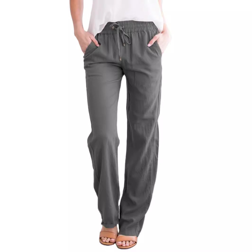 Women's Cotton Linen Drawstring Wide Leg Casual Pants