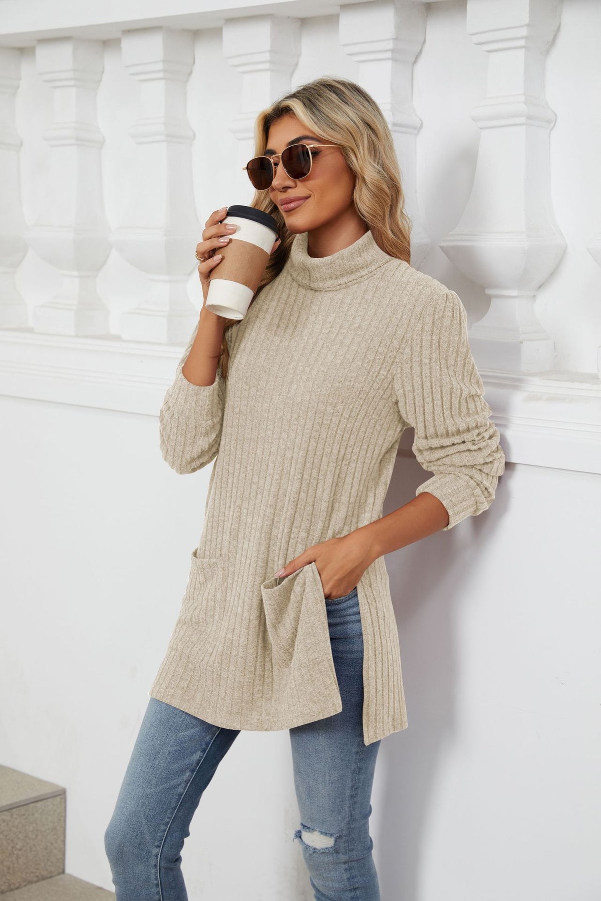 Women's Ribbed Mock Neck Long Sleeve Tunic with Pockets