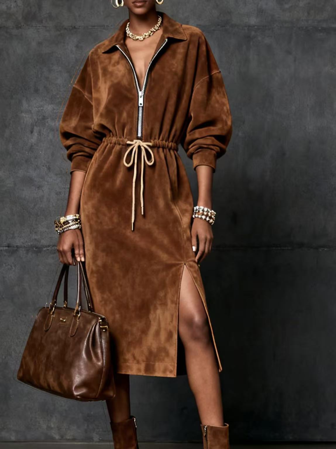 Women's Faux Suede Zip Front Midi Dress Belted Long Sleeve