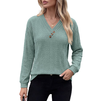Women's V Neck Button Long Sleeve Textured Casual Blouse