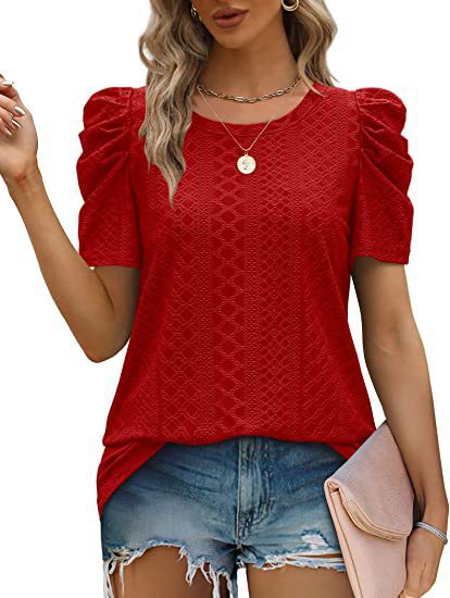 Loose Fit Ruched Sleeve Lace Knit T-Shirt for Women