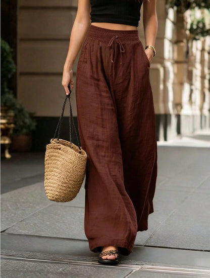 Women's Smocked High Waist Linen Blend Wide Leg Pants