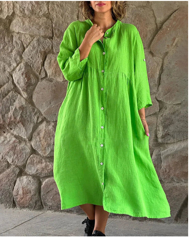 Women's Cotton Linen Button Down Maxi Dress Loose Fit