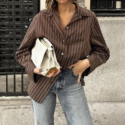 Women's Striped Button Up Shirt Long Sleeve Brown