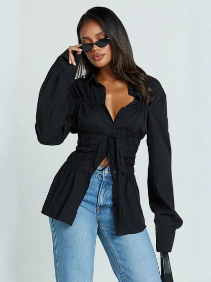Women's Smocked Drawstring Waist Long Sleeve Blouse