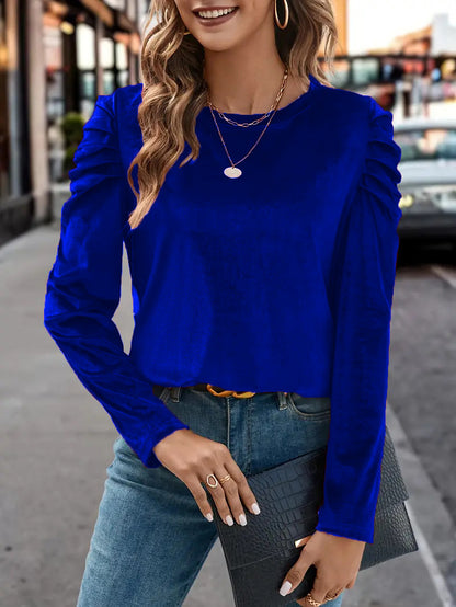 Women's Velvet Ruched Puff Sleeve Crew Neck Top