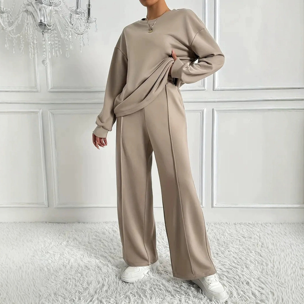Women's Solid Crewneck Sweatshirt Wide Leg Pants Lounge Set