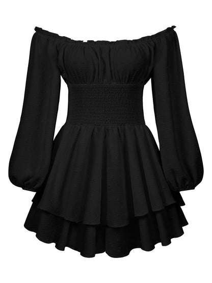 Off Shoulder Smocked Ruffle Mini Dress Puff Sleeve