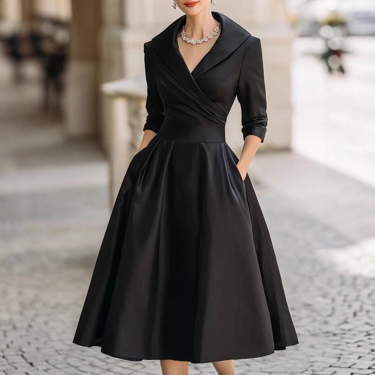 Satin Wrap Dress Long Sleeve Midi A-Line Cocktail