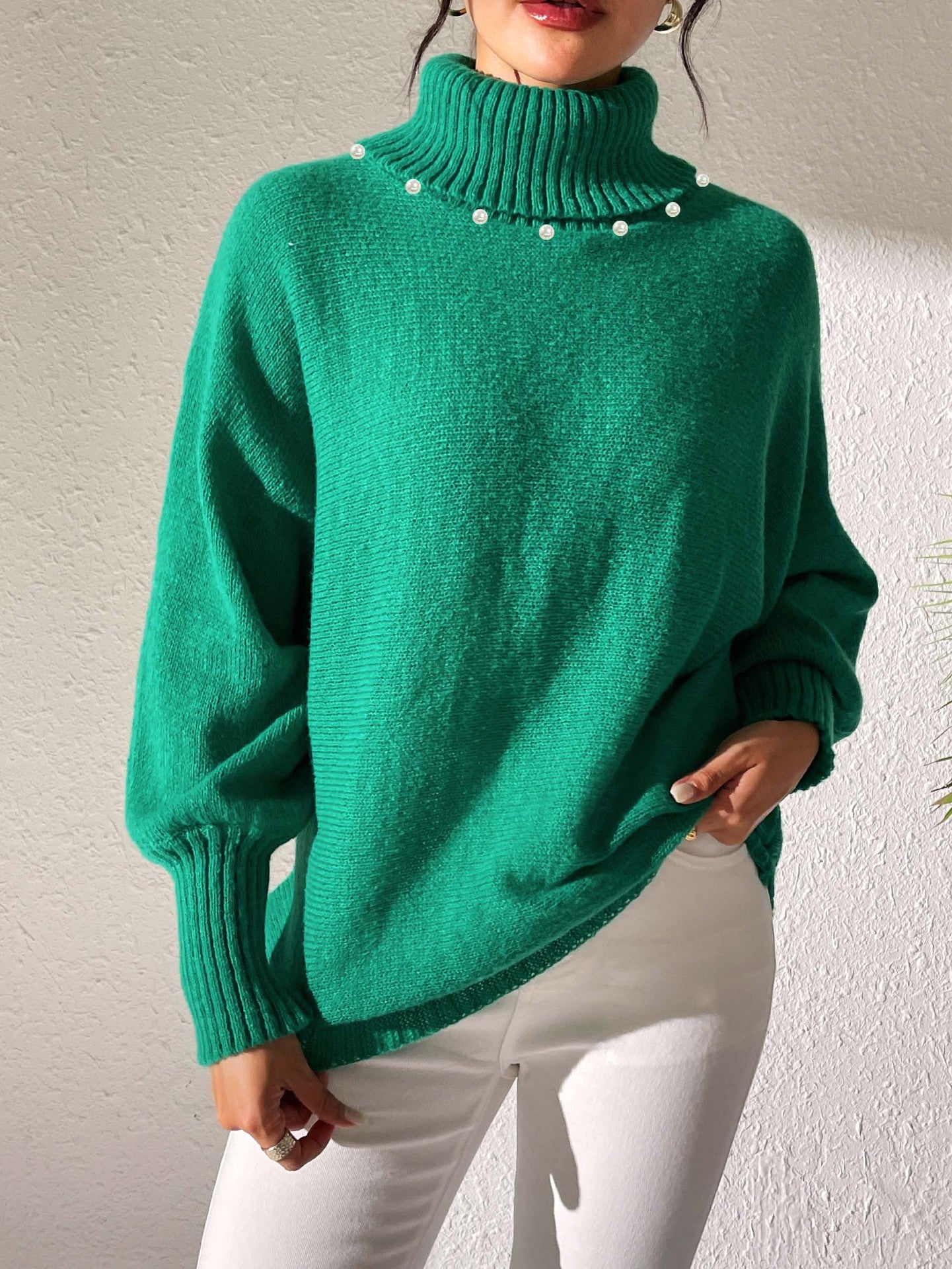 Women's Bottoming Shirt Solid Color Simple Beaded Turtleneck Sweater