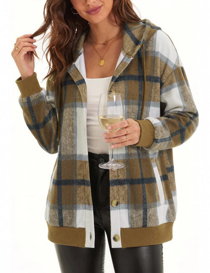 Women's Oversized Hooded Plaid Shacket Jacket