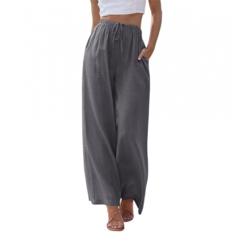 Women's Linen Wide Leg Pants Drawstring Elastic Waist