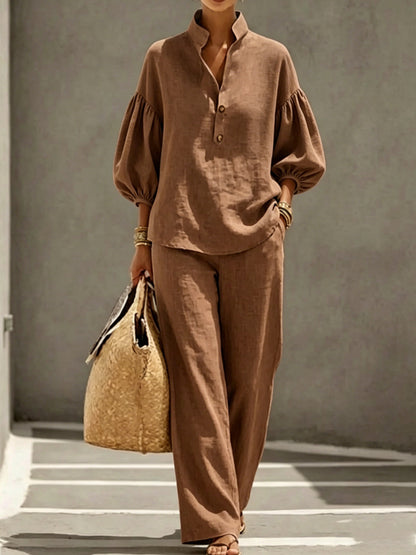 Cotton Puff Sleeve Mandarin Shirt Wide Leg Pants Set