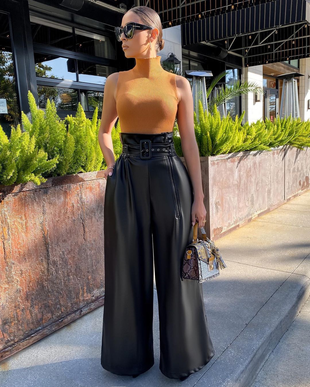 Women's High Waist PU Leather Wide Leg Belted Pants