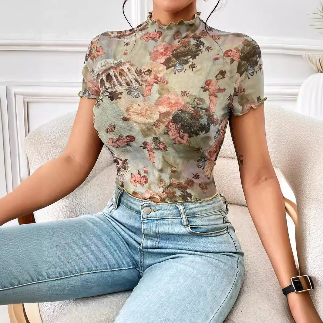 Mesh Printed Slim Fit Short-Sleeve T-Shirt with Ruffle Edge
