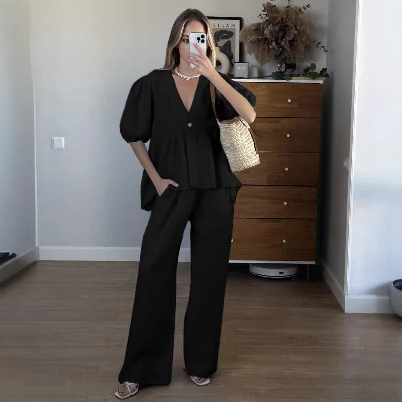 Linen Blend Puff Sleeve V-Neck Top & Wide Leg Pants Set