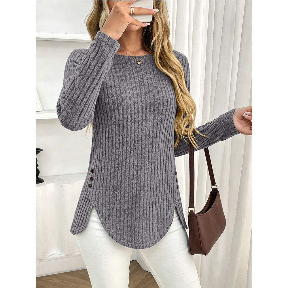 Ribbed Brushed Knit Button Side Long Sleeve Top