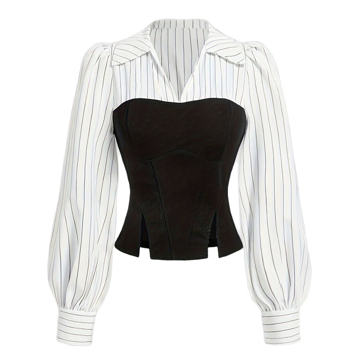 Striped Colorblock Corset Blouse Collared Puff Sleeve Top