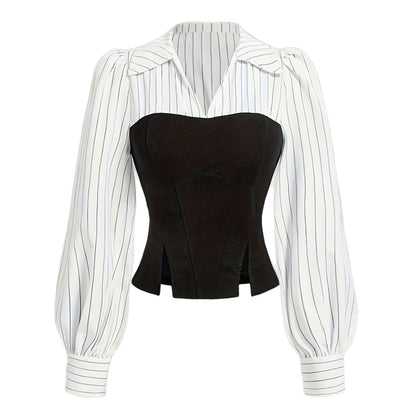 Striped Colorblock Corset Blouse Collared Puff Sleeve Top