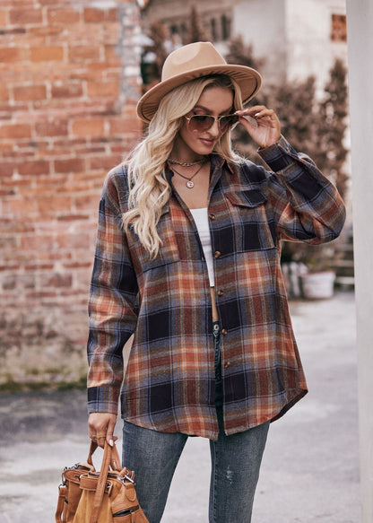 Khaki Oversized Plaid Button Up Shirt Jacket for Women