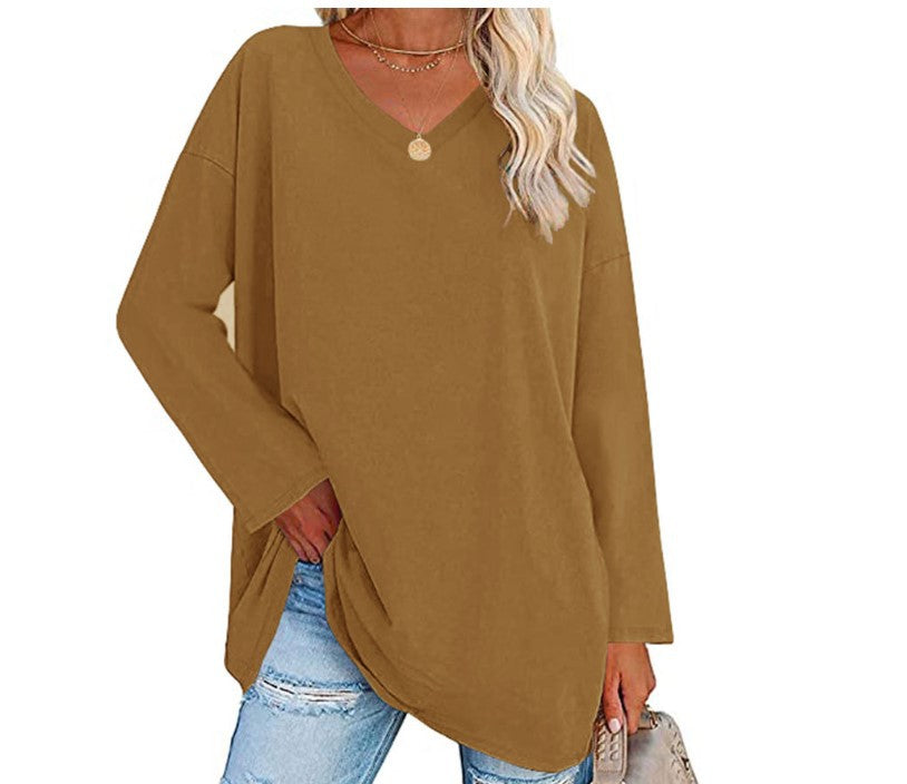 Women's Oversized V-Neck Long Sleeve Loose Fit T-Shirt
