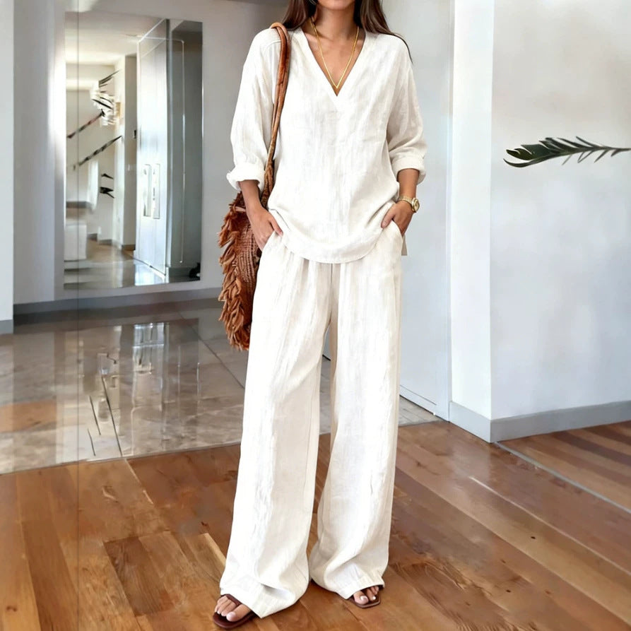 Women's V-Neck Long Sleeve & Wide Leg Pants Matching Set