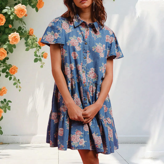 Summer French-Style Rose Print A-Line Dress Casual Loose Fit