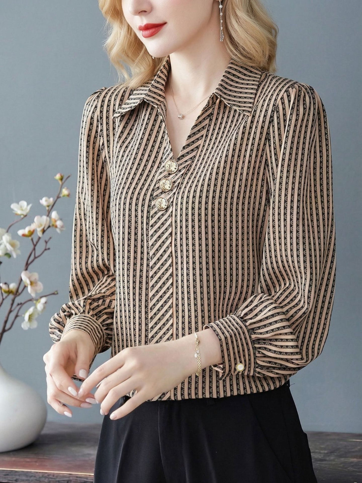 Women's Striped V Neck Collared Long Sleeve Blouse