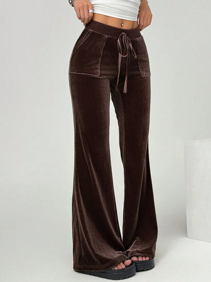 Velvet Drawstring Flare Pants with Pockets