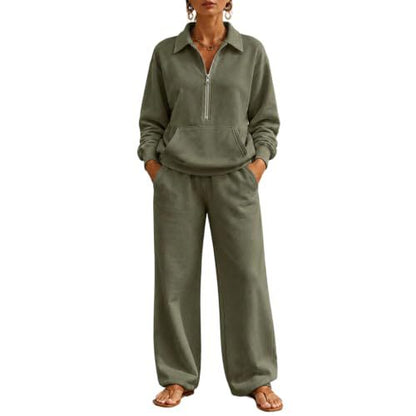 Women's Half Zip Sweatshirt Wide Leg Pants Lounge Set