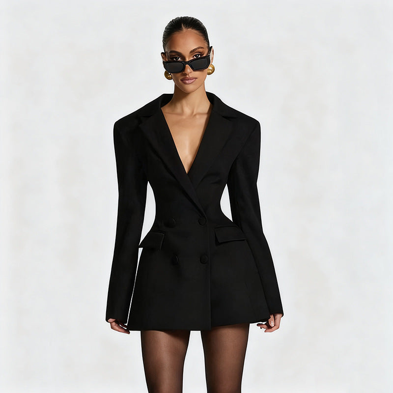 Womens Deep V Neck Long Sleeve Blazer Dress Mini Fitted