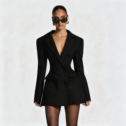 Womens Deep V Neck Long Sleeve Blazer Dress Mini Fitted