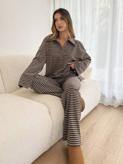 Striped Lounge Set Women Collared Pullover Wide Leg Pants