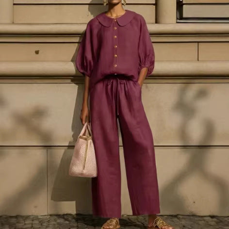Women's Puff Sleeve Collared Shirt Wide Leg Pants Set