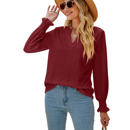 Women's Eyelet V-Neck Long Sleeve Ruffle Cuff Loose Blouse
