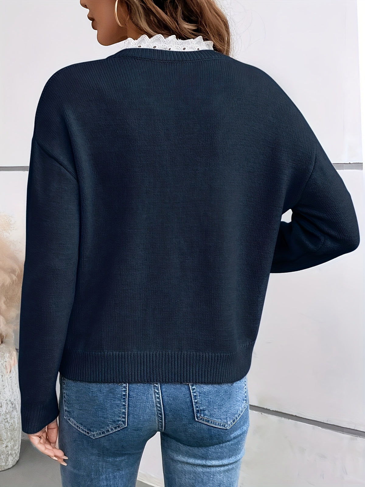 Women's V-Neck Lace Trim Long Sleeve Knit Sweater