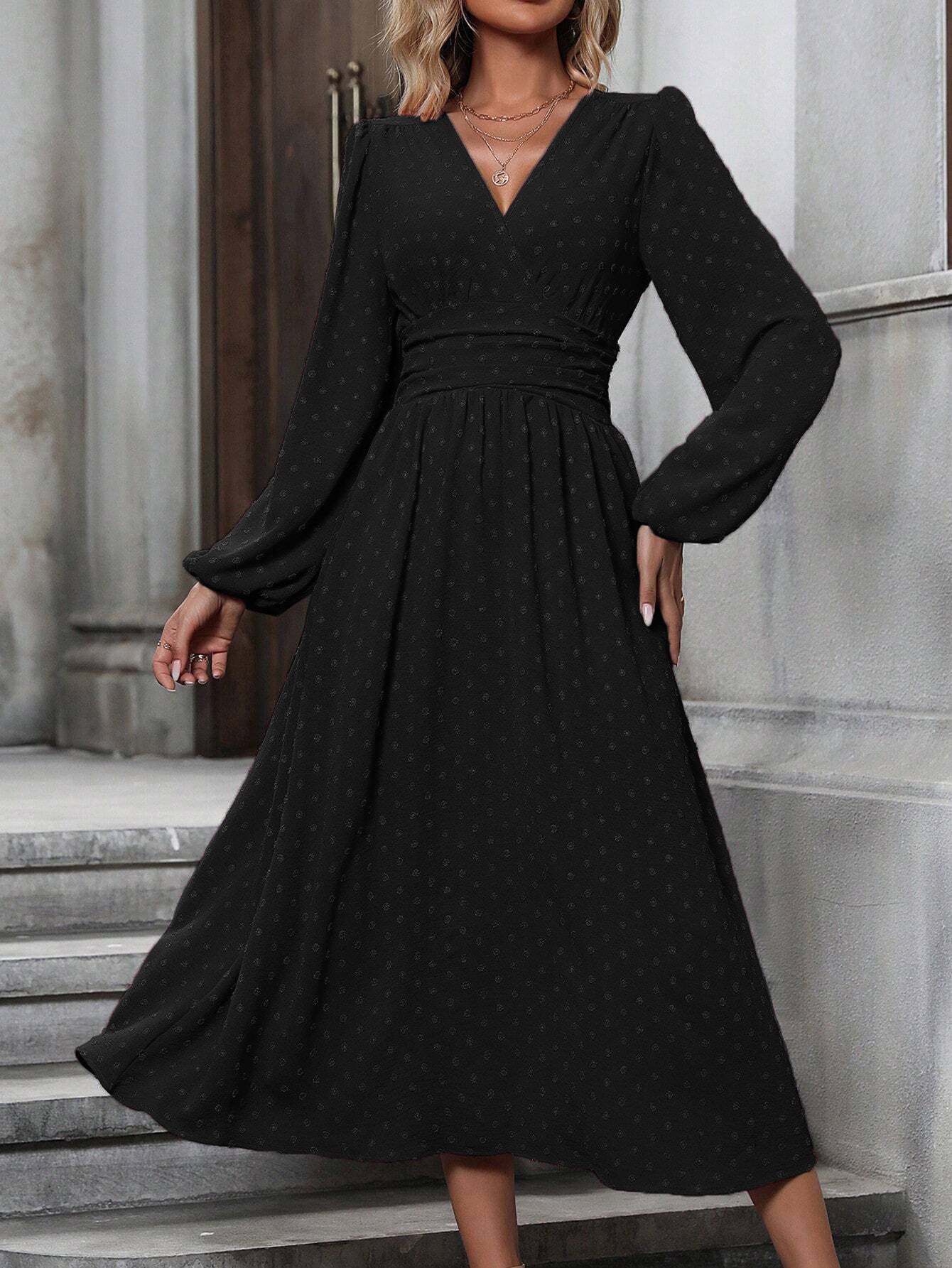 V-Neck Balloon Sleeve Maxi Dress Smocked High Waist A-Line