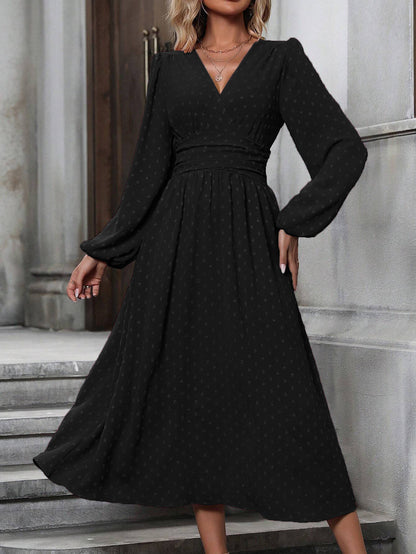 V-Neck Balloon Sleeve Maxi Dress Smocked High Waist A-Line