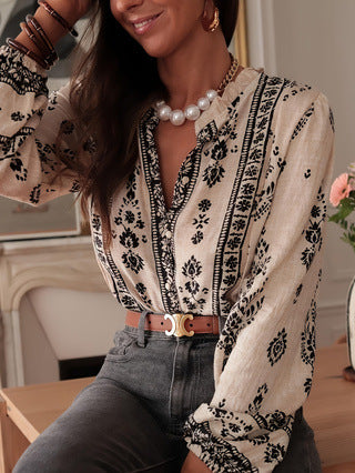 Women's Geometric Print Ruffle V-Neck Long Sleeve Blouse