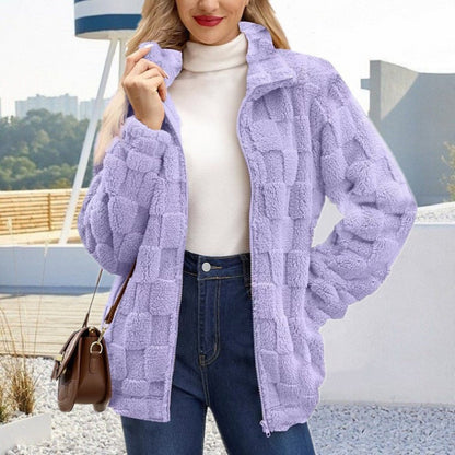Textured Plush Zip Jacket Stand Collar Fleece Outerwear