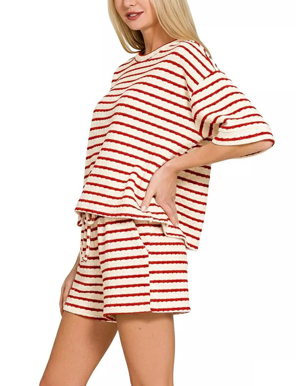 Stripe Textured Knit Lounge Set Casual Shorts Outfit