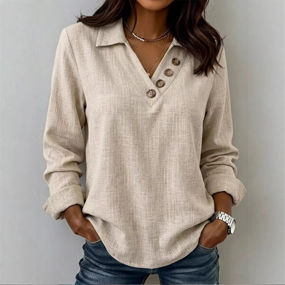 Women's Collared V-Neck Button Long Sleeve Casual Blouse
