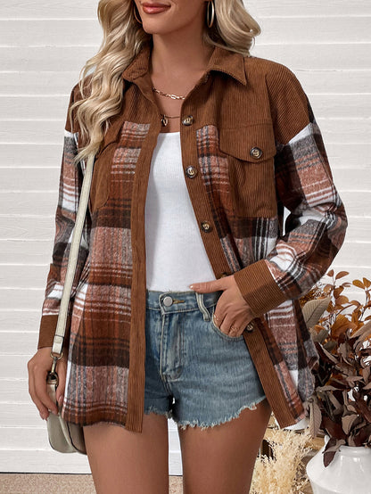Women's Corduroy Plaid Shacket Oversized Button Up Jacket